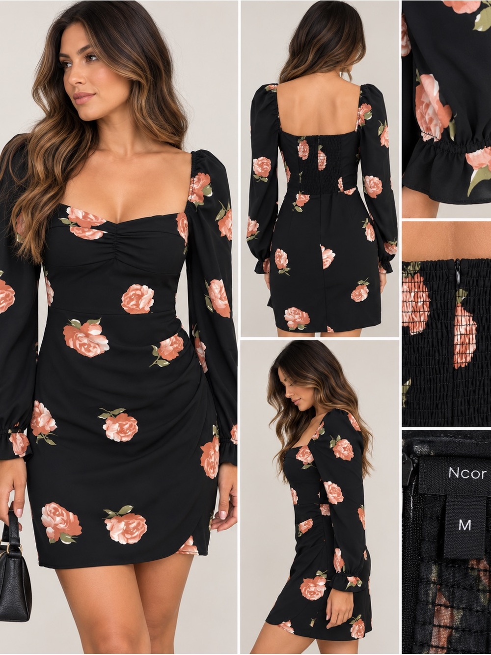 Ncor Women’s Black Floral Ruched Mini Dress Size M – Long Puff Sleeves NWT